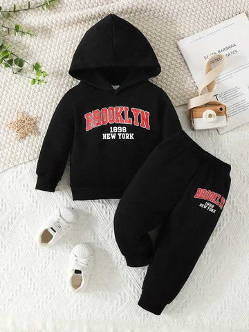 Black Hooded Printed Track Suit for Kids