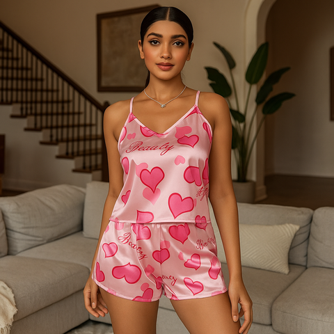 Pink Hearts Silk Cami Set