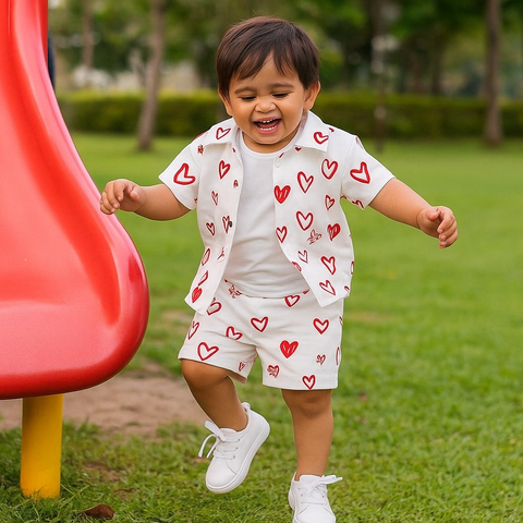 Red Hearts White Summer Suit for Kids