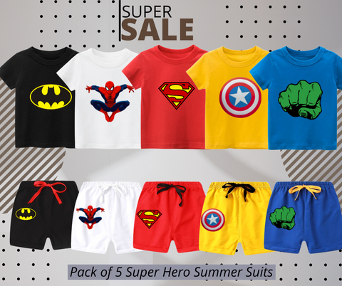 Pack of 5 Super Hero Printed Summer Suits for Kids