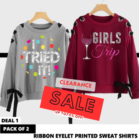 PACK OF 2 RIBBON EYELET PRINTED SWEAT SHIRT ( DEAL 1 ) ( WINTER CLEARANCE SALE )