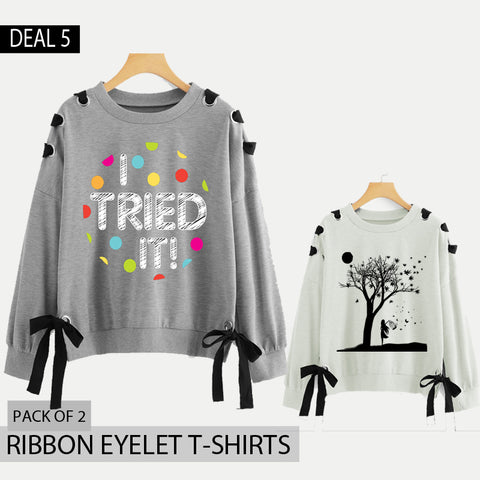 Pack of 2 Ribbon Eyelet Printed T-Shirts (Deal-5)