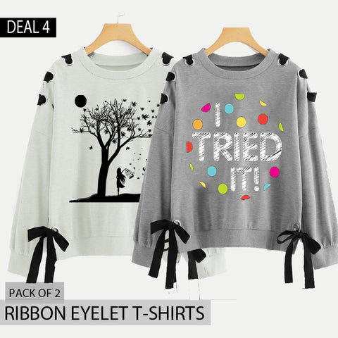 Pack of 2 Ribbon Eyelet Printed T-Shirts (Deal-4)