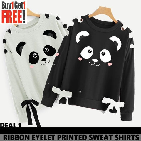 Buy 1 Get 1 Free Bear Printed Ribbon Eyelet Sweat Shirts ( DEAL 2 )