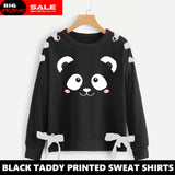 BLACK TEDDY RIBBON EYELET PRINTED SWEAT SHIRT