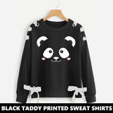 BLACK TEDDY RIBBON EYELET PRINTED SWEAT SHIRT