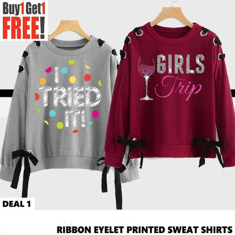 Buy 1 Get 1 Free Printed Ribbon Eyelet Sweat Shirts ( deal 1 )