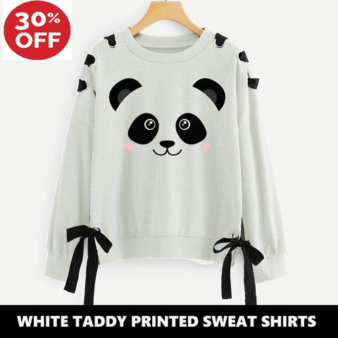 11-ELEVEN SALE: WHITE TEDDY RIBBON EYELET PRINTED SWEAT SHIRT