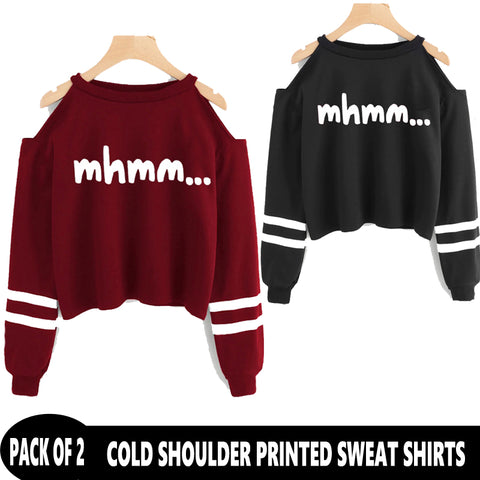 Pack of 2 Cropped Cold Shoulder Printed Sweat Shirts