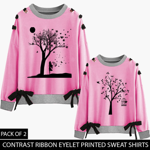 PACK OF 2 PINK CONTRAST RIBBON EYELET SWEAT SHIRT ( DEAL 3 )