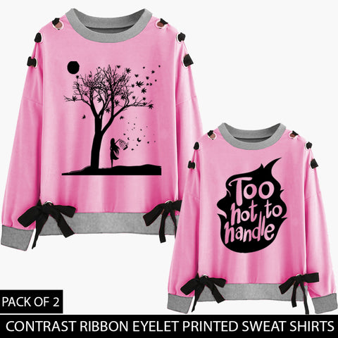 PACK OF 2 PINK CONTRAST RIBBON EYELET SWEAT SHIRT ( DEAL 4 )