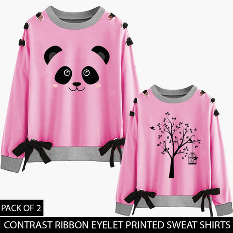 PACK OF 2 PINK CONTRAST RIBBON EYELET SWEAT SHIRT ( DEAL 6 )