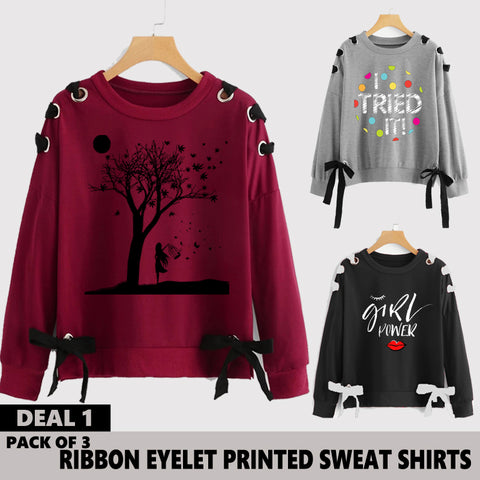 Pack of 3 Ribbon Eyelet Printed Sweat Shirts ( Deal 1 )
