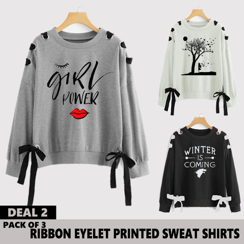Pack of 3 Ribbon Eyelet Printed Sweat Shirts ( Deal 2 )
