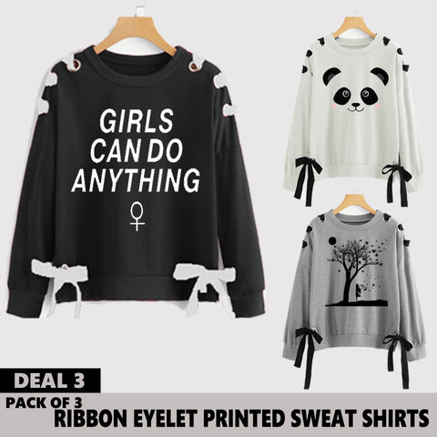 Pack of 3 Ribbon Eyelet Printed Sweat Shirts ( Deal 3 )