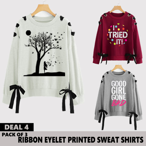 Pack of 3 Ribbon Eyelet Printed Sweat Shirts ( Deal 4 )