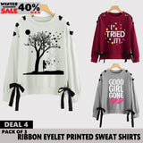 PACK OF 3 RIBBON EYELET PRINTED SWEAT SHIRTS ( WINTER CLEARANCE SALE )