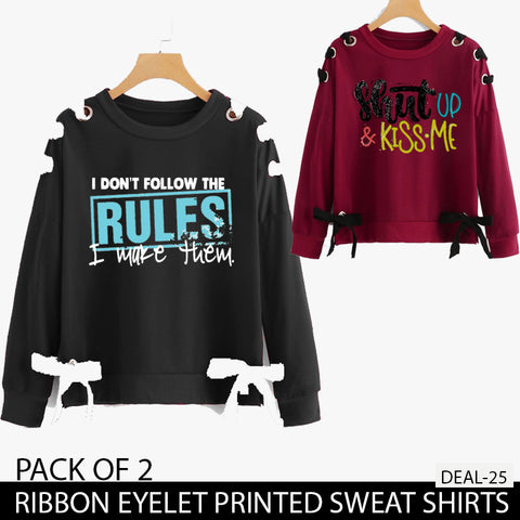PACK OF 2 RIBBON EYELET PRINTED SWEAT SHIRTS ( DEAL 25 )
