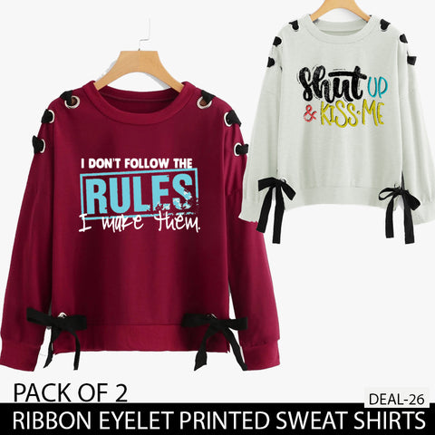 PACK OF 2 RIBBON EYELET PRINTED SWEAT SHIRTS ( DEAL 26 )