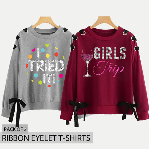Pack of 2 Ribbon Eyelet Printed T-Shirts (Deal-1)