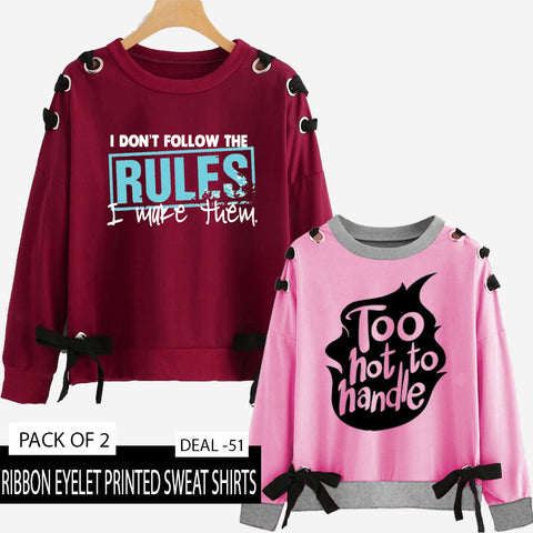 PACK OF 2 RIBBON EYELET PRINTED SWEAT SHIRT ( DEAL 51 )