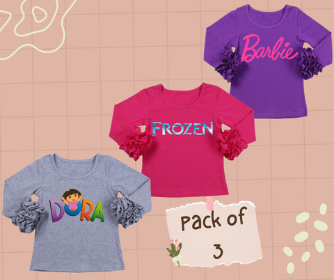 Pack of 3 Frill Sleeves Printed Tshirts for Girls