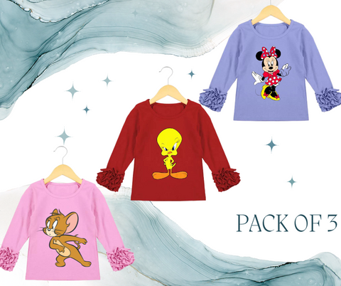 Pack of 3 Frill Sleeves Printed Tshirts for Girls