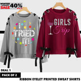 PACK OF 2 RIBBON EYELET PRINTED SWEAT SHIRT ( DEAL 1 ) ( WINTER CLEARANCE SALE )