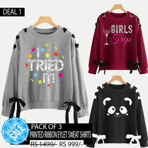 PACK OF 3 RIBBON EYELET PRINTED SWEAT SHIRTS ( DEAL 1 )