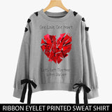 RIBBON EYELET PRINTED SWEAT SHIRTS ( ONE HEART ONE LOVE  )