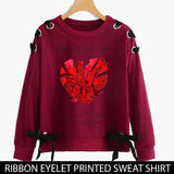 RIBBON EYELET PRINTED SWEAT SHIRTS ( ONE HEART ONE LOVE  )