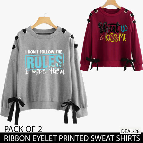 PACK OF 2 RIBBON EYELET PRINTED SWEAT SHIRTS ( DEAL 28 )