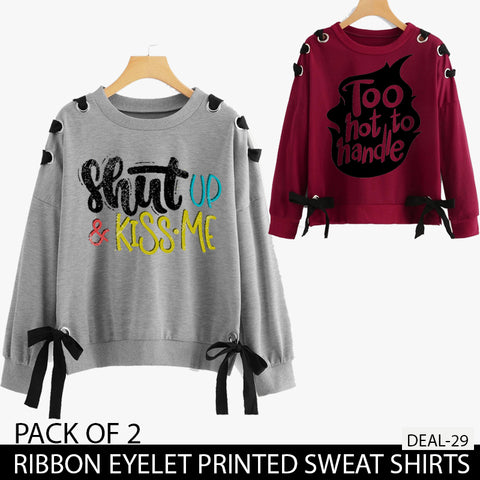 PACK OF 2 RIBBON EYELET PRINTED SWEAT SHIRTS ( DEAL 29 )