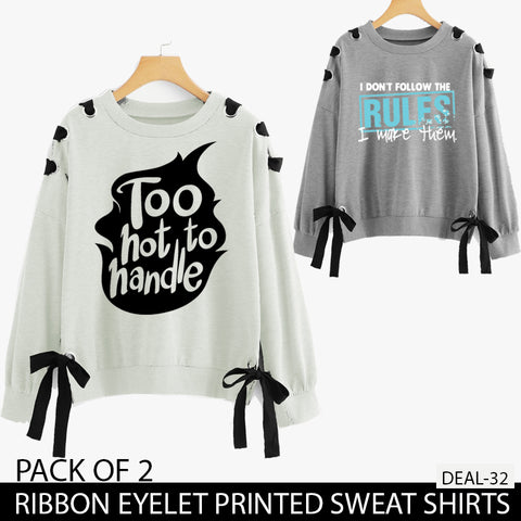 PACK OF 2 RIBBON EYELET PRINTED SWEAT SHIRTS ( DEAL 32 )