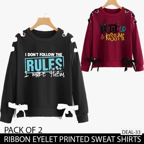 PACK OF 2 RIBBON EYELET PRINTED SWEAT SHIRTS ( DEAL 33 )